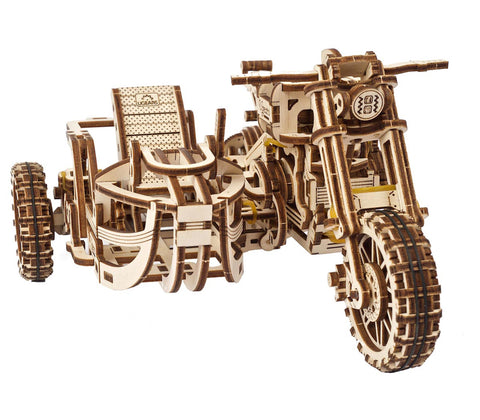UGears Wooden Mechanical Model Scrambler Motorcycle UGR-10 with side car