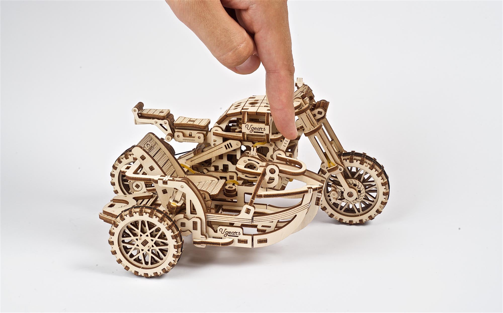 UGears Wooden Mechanical Model Scrambler Motorcycle UGR-10 with side car
