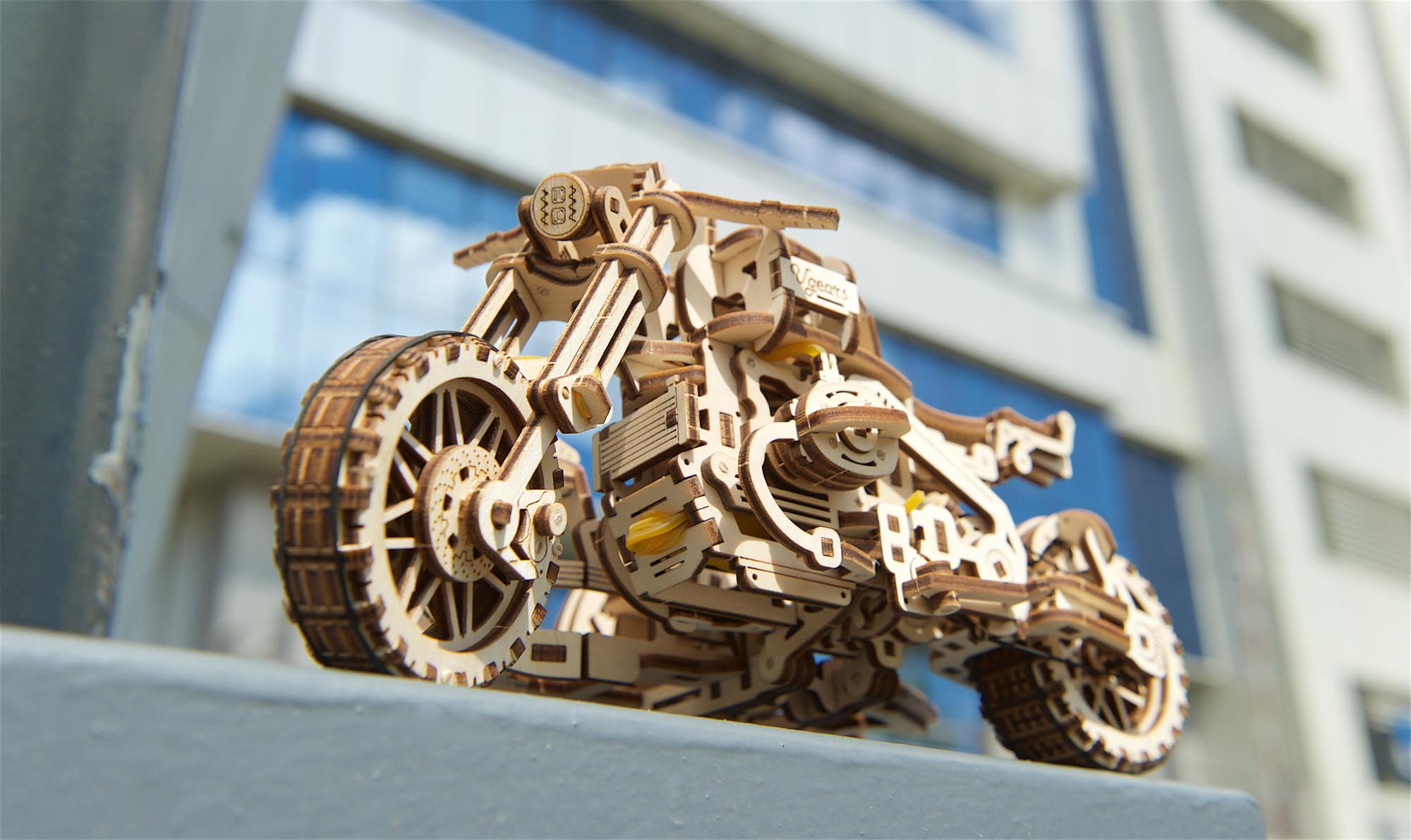 UGears Wooden Mechanical Model Scrambler Motorcycle UGR-10 with side car