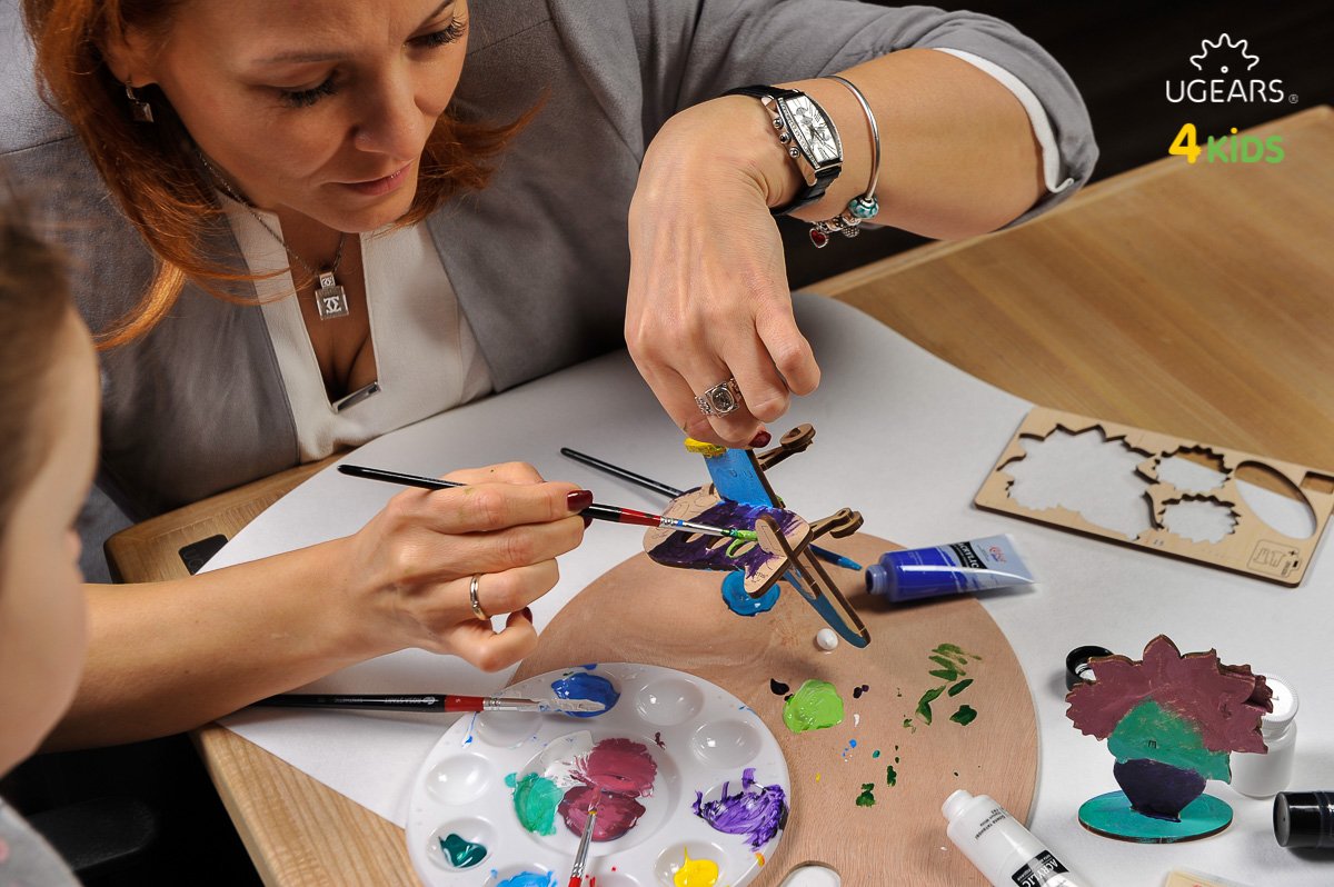 UGears 4Kids Coloring Models Set #2 - 5 Medium (Airplane, Knight, Rocking Horse, Bear-Cub, and Cockerel)