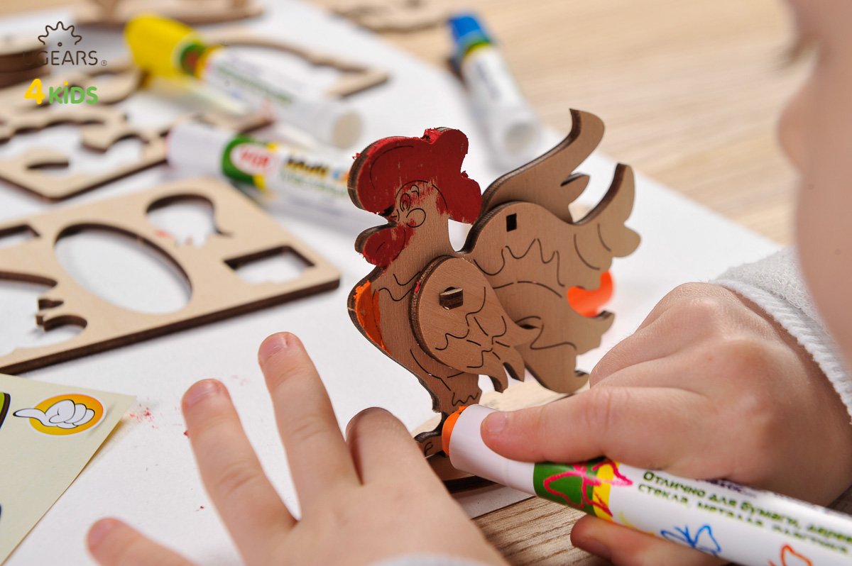 UGears 4Kids Coloring Models Set #2 - 5 Medium (Airplane, Knight, Rocking Horse, Bear-Cub, and Cockerel)