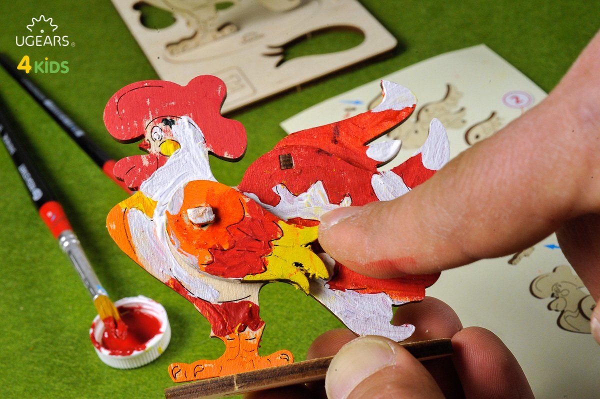 UGears 4Kids Coloring Models Set #2 - 5 Medium (Airplane, Knight, Rocking Horse, Bear-Cub, and Cockerel)