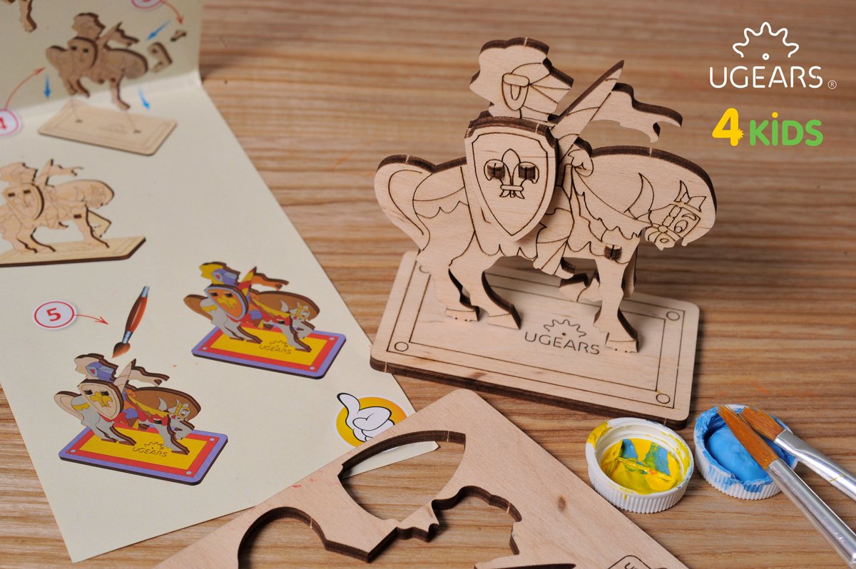 UGears 4Kids Coloring Models Set #2 - 5 Medium (Airplane, Knight, Rocking Horse, Bear-Cub, and Cockerel)