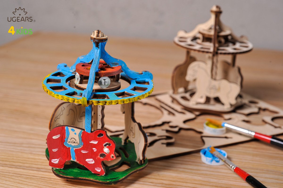 UGears 4Kids Coloring Models Set #2 - 5 Medium (Airplane, Knight, Rocking Horse, Bear-Cub, and Cockerel)