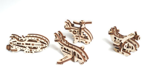UGears Mechanical Wooden Model 3D Puzzle Kit U-Fidget Planes Tribiks 4 pieces Helicopter, Hydroplane, Dirigible, Airplane