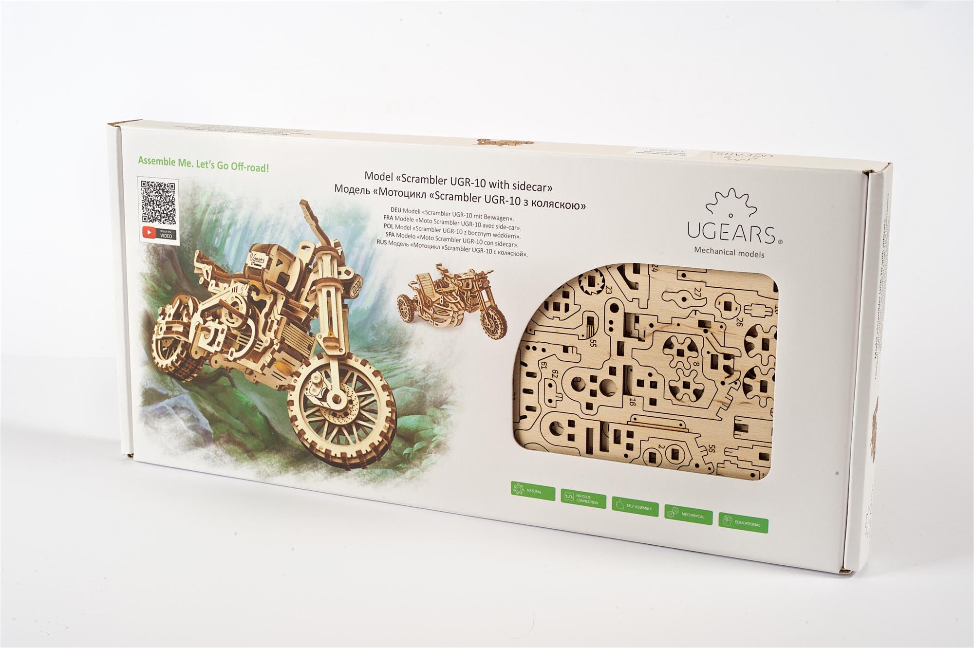 UGears Wooden Mechanical Model Scrambler Motorcycle UGR-10 with side car