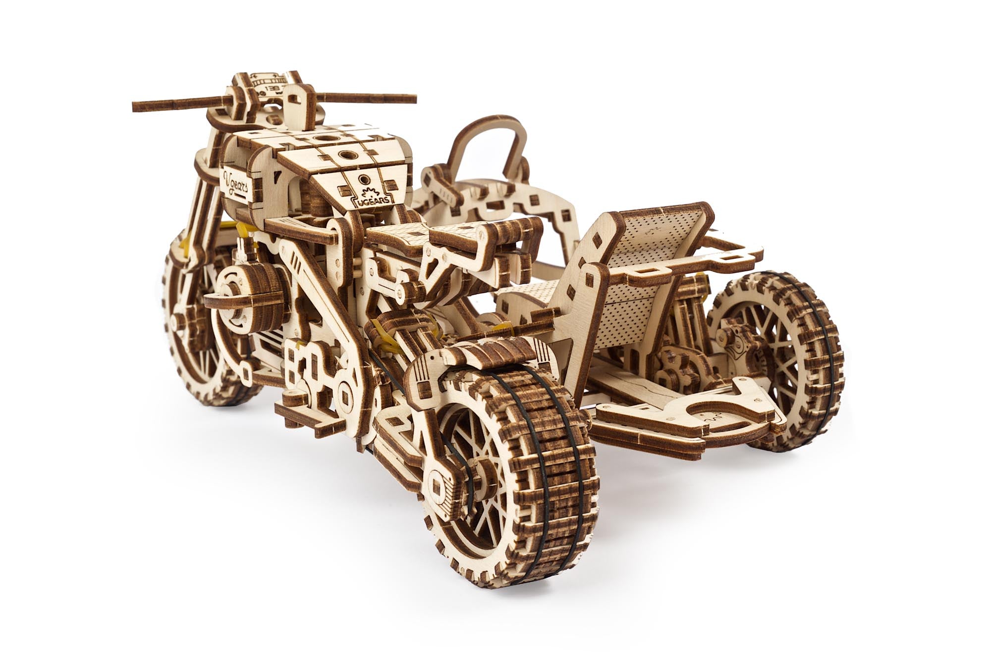 UGears Wooden Mechanical Model Scrambler Motorcycle UGR-10 with side car