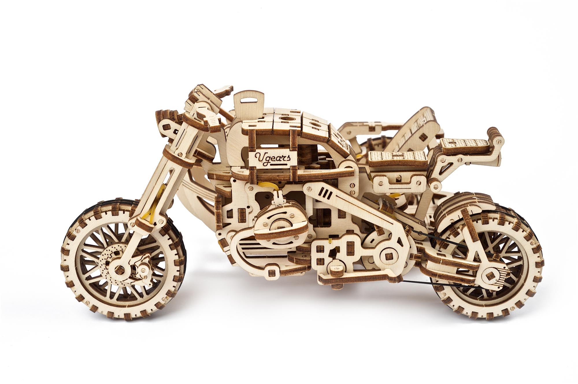 UGears Wooden Mechanical Model Scrambler Motorcycle UGR-10 with side car