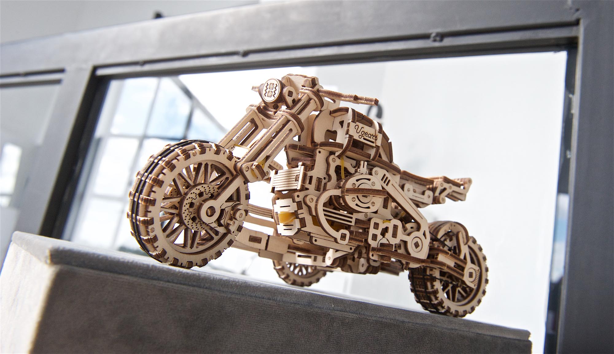 UGears Wooden Mechanical Model Scrambler Motorcycle UGR-10 with side car