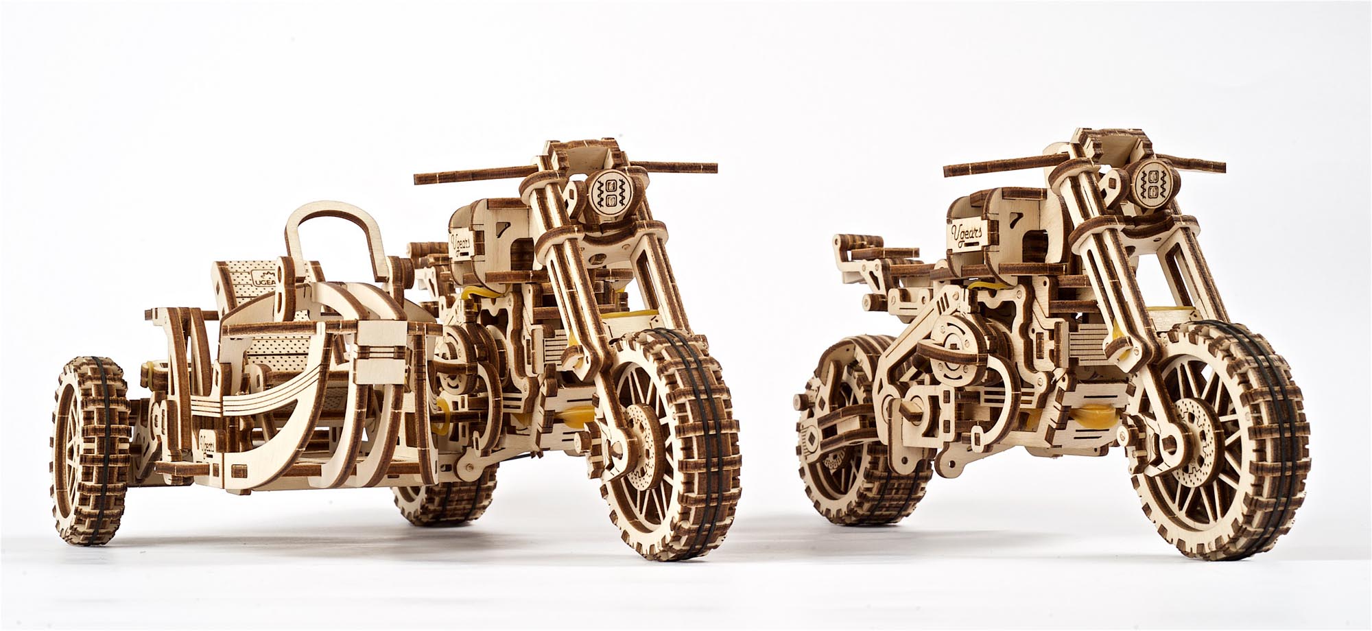 UGears Wooden Mechanical Model Scrambler Motorcycle UGR-10 with side car