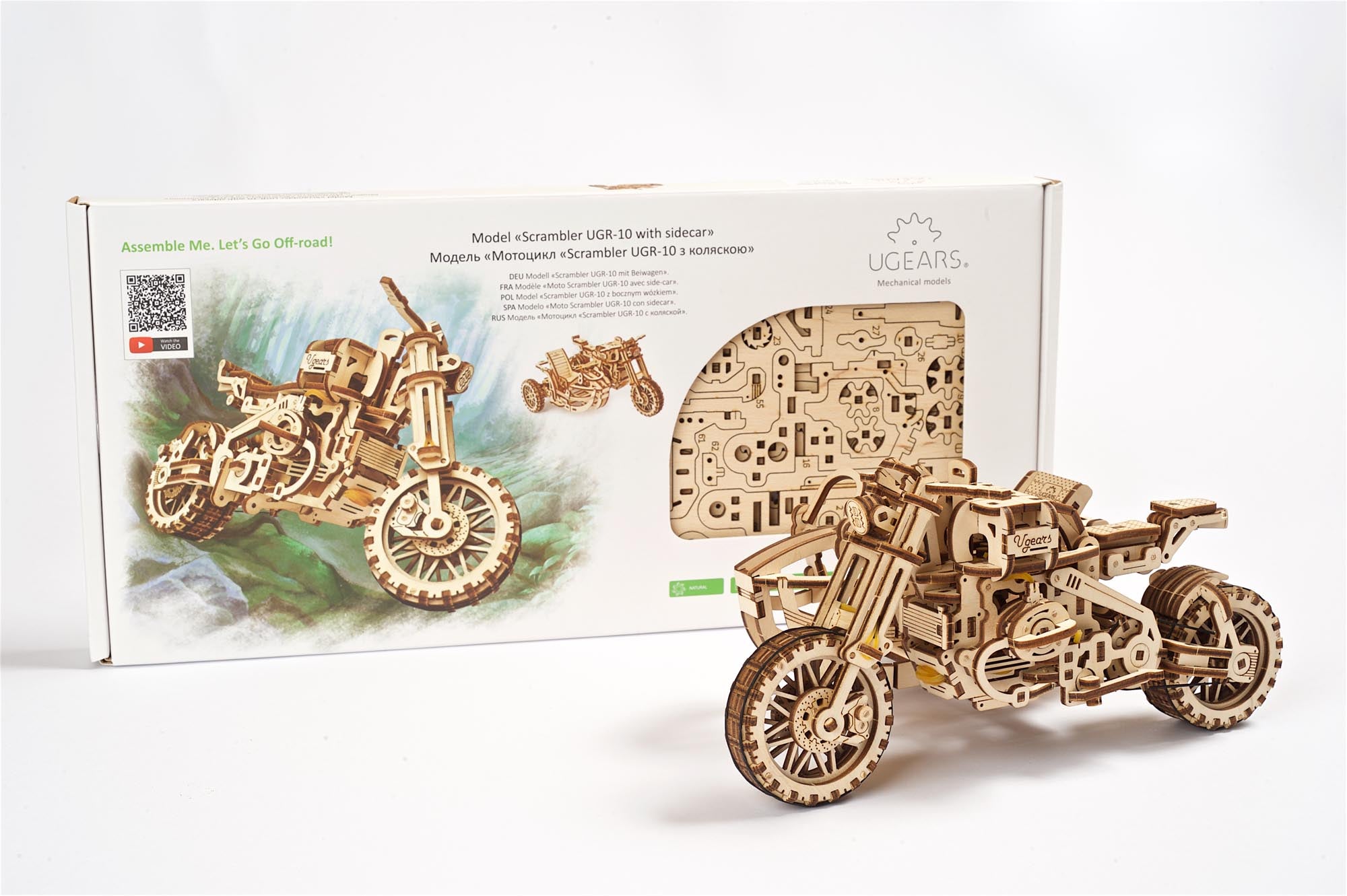 UGears Wooden Mechanical Model Scrambler Motorcycle UGR-10 with side car