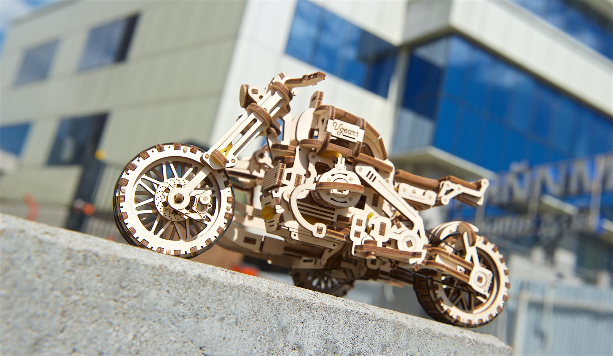 UGears Wooden Mechanical Model Scrambler Motorcycle UGR-10 with side car