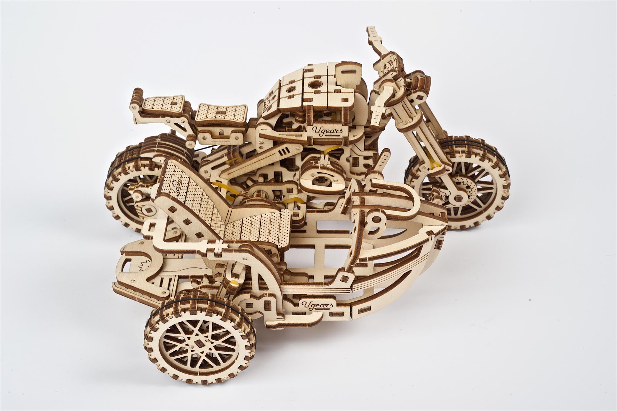 UGears Wooden Mechanical Model Scrambler Motorcycle UGR-10 with side car
