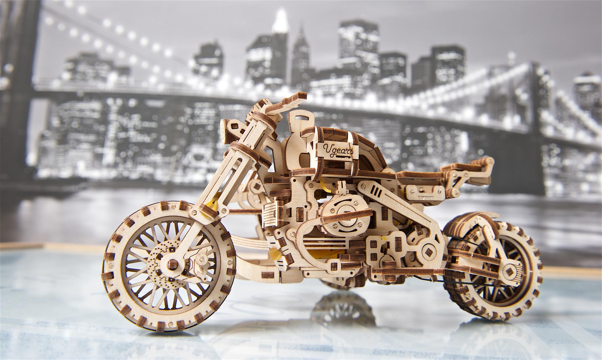 UGears Wooden Mechanical Model Scrambler Motorcycle UGR-10 with side car