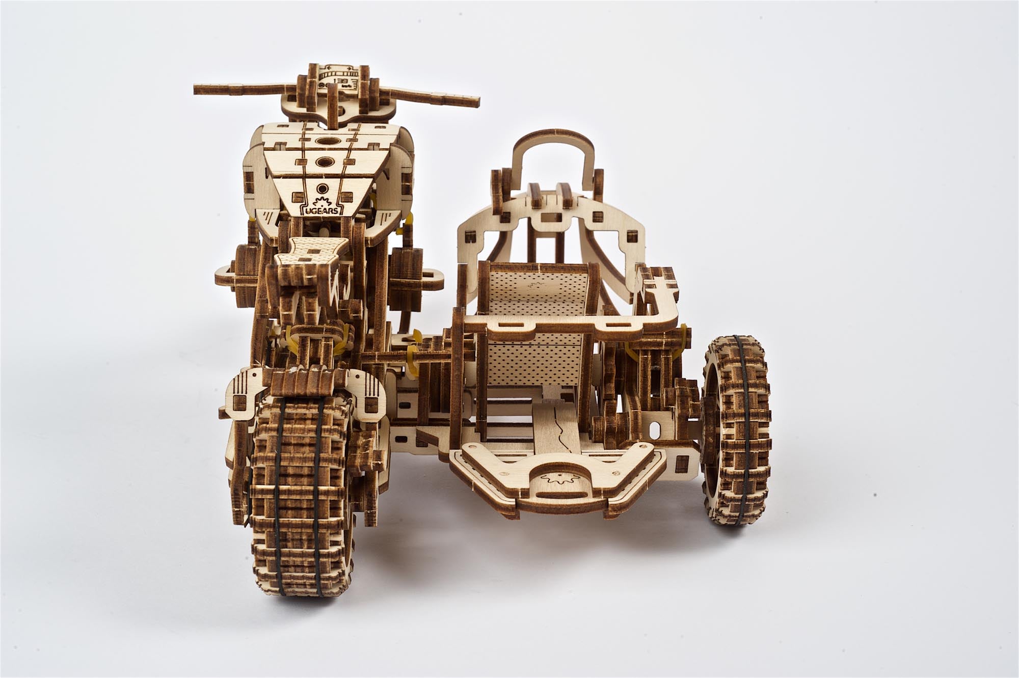UGears Wooden Mechanical Model Scrambler Motorcycle UGR-10 with side car