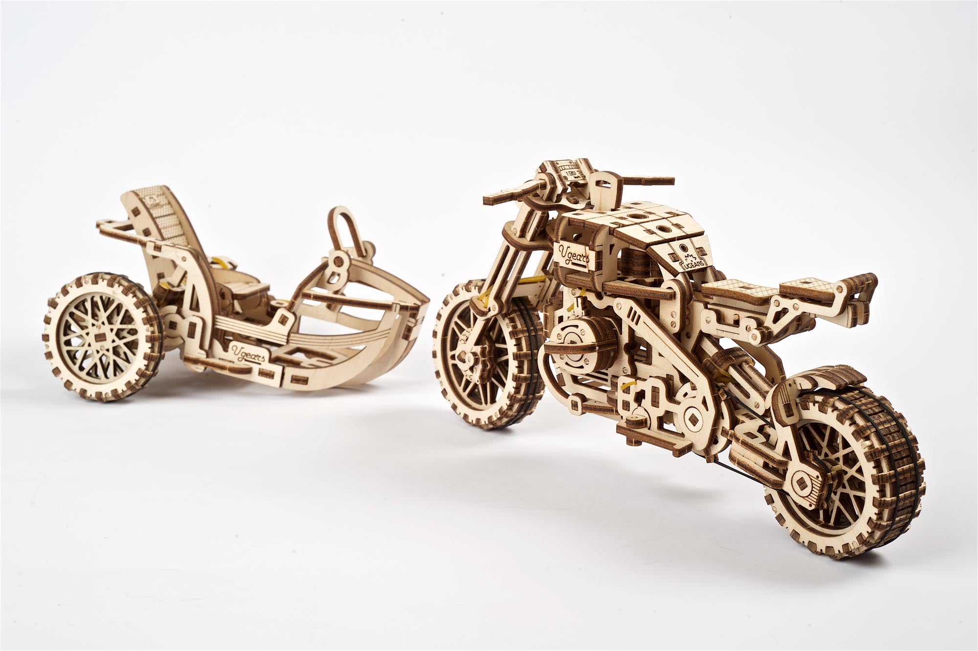 UGears Wooden Mechanical Model Scrambler Motorcycle UGR-10 with side car
