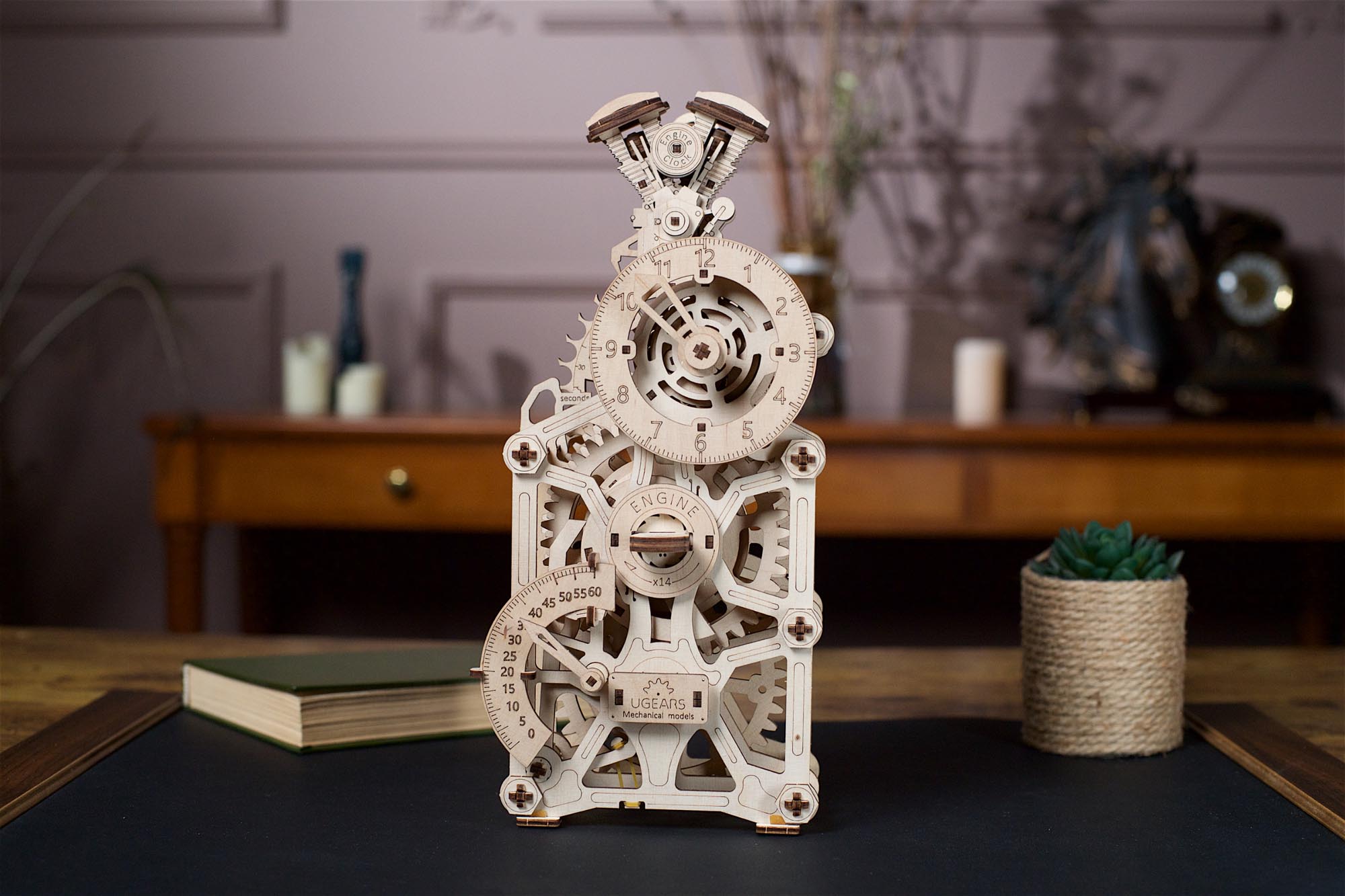 UGears Engine Clock Wooden Mechanical Model