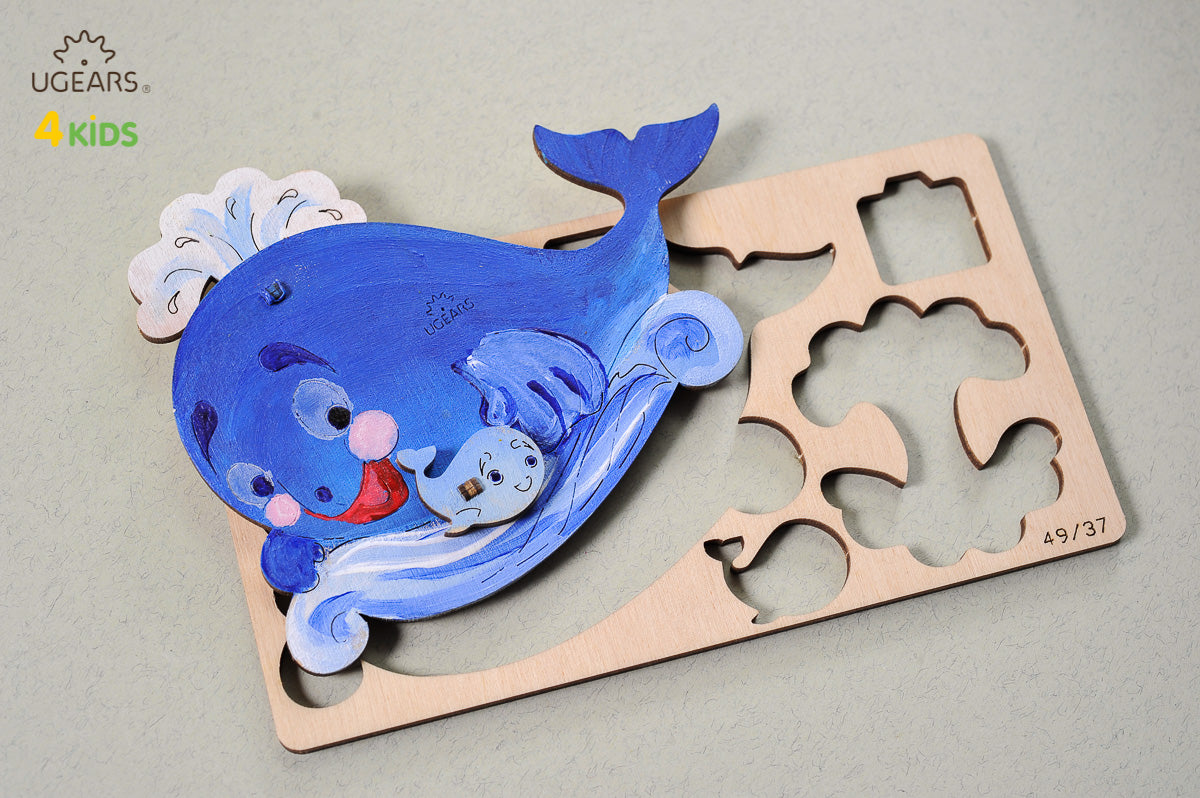 UGears 4Kids Coloring Models Set #1 - 7 Large (Donkey, Kitten & Puppy, Motorcyclist, Whale, Locomotive, Sailboat and Steamboat)