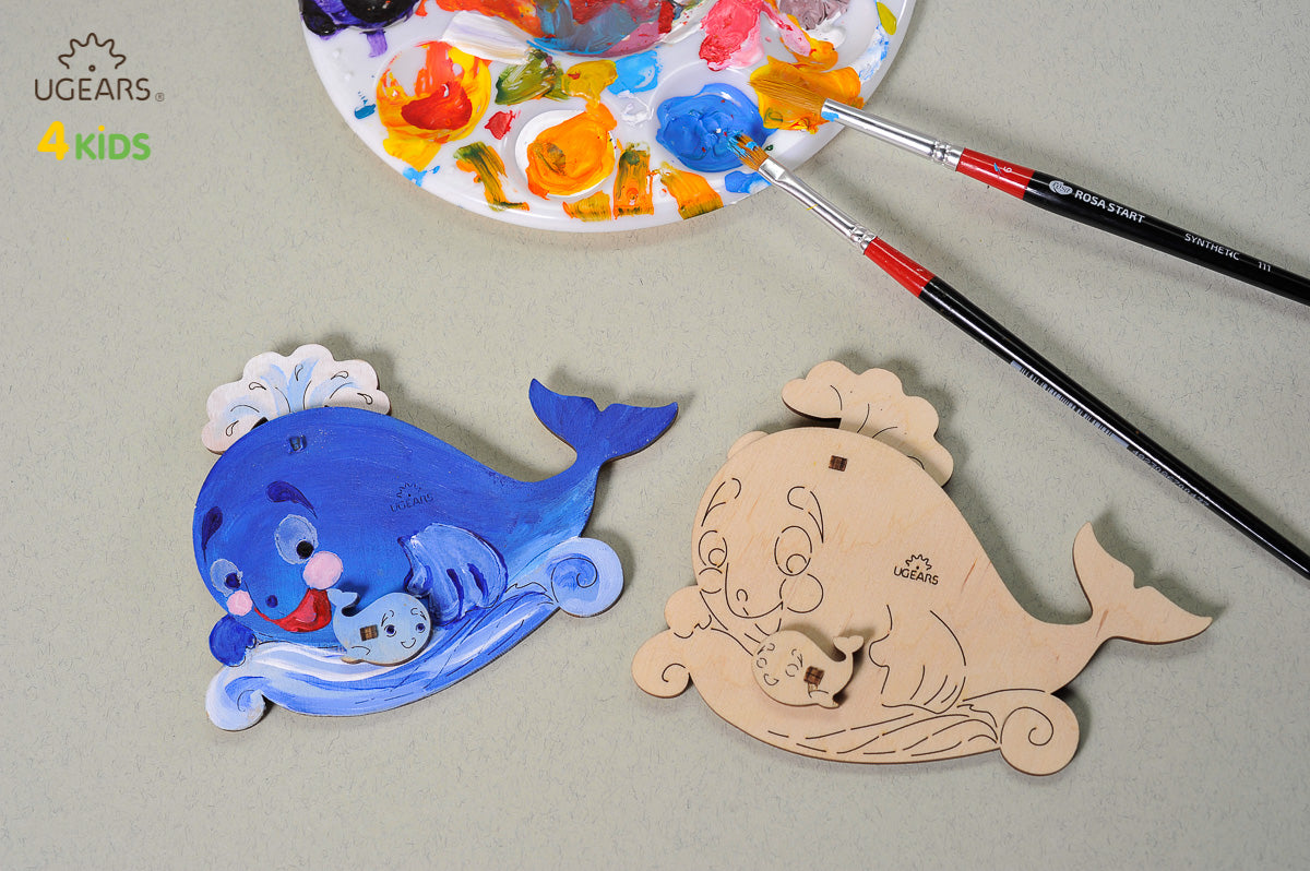 UGears 4Kids Coloring Models Set #1 - 7 Large (Donkey, Kitten & Puppy, Motorcyclist, Whale, Locomotive, Sailboat and Steamboat)