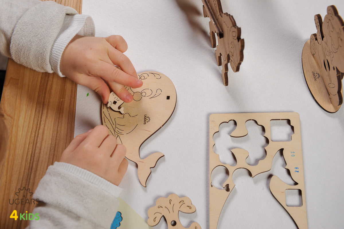 UGears 4Kids Coloring Models Set #1 - 7 Large (Donkey, Kitten & Puppy, Motorcyclist, Whale, Locomotive, Sailboat and Steamboat)