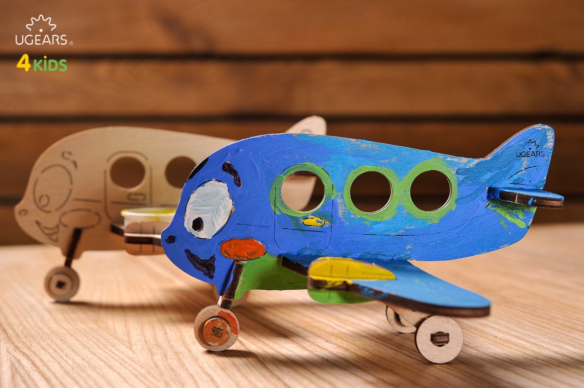 UGears 4Kids Coloring Models Set #2 - 5 Medium (Airplane, Knight, Rocking Horse, Bear-Cub, and Cockerel)