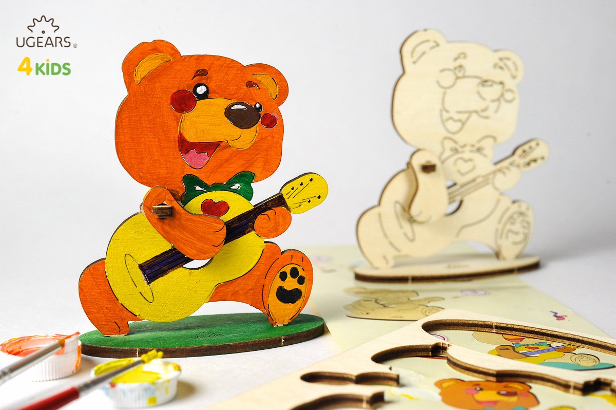 UGears 4Kids Coloring Models Set #2 - 5 Medium (Airplane, Knight, Rocking Horse, Bear-Cub, and Cockerel)