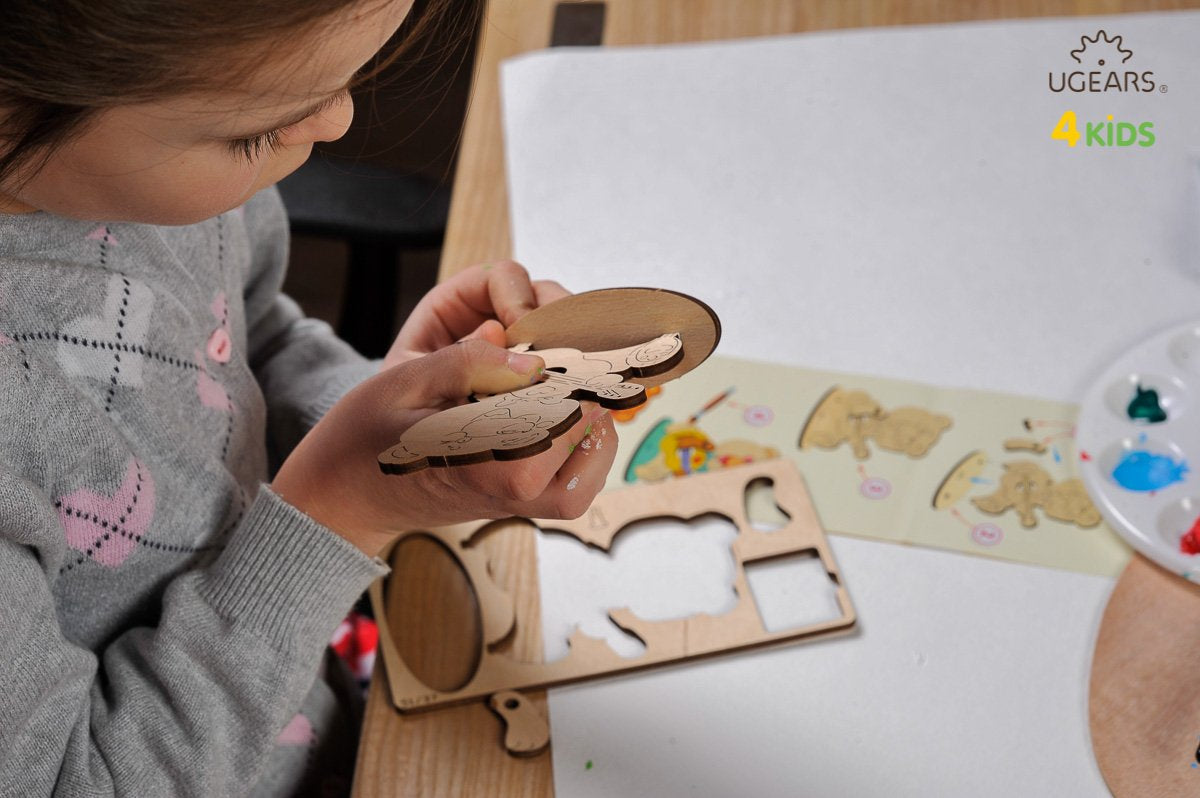UGears 4Kids Coloring Models Set #1 - 7 Large (Donkey, Kitten & Puppy, Motorcyclist, Whale, Locomotive, Sailboat and Steamboat)