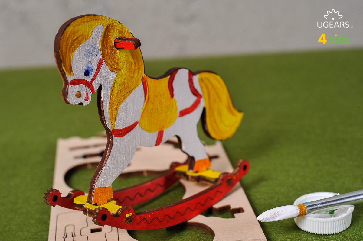 UGears 4Kids Coloring Models Set #2 - 5 Medium (Airplane, Knight, Rocking Horse, Bear-Cub, and Cockerel)