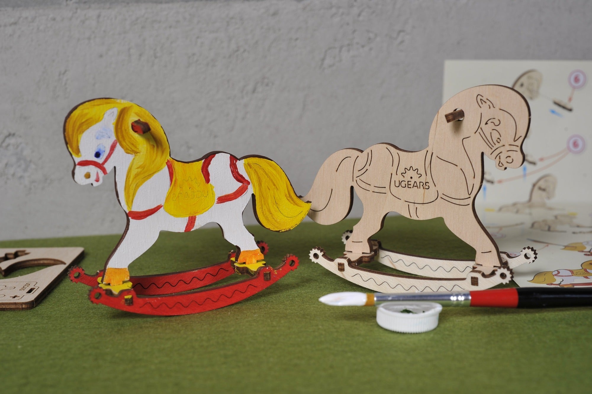 UGears 4Kids Coloring Models Set #2 - 5 Medium (Airplane, Knight, Rocking Horse, Bear-Cub, and Cockerel)