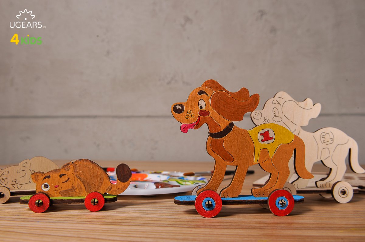 UGears 4Kids Coloring Models Set #1 - 7 Large (Donkey, Kitten & Puppy, Motorcyclist, Whale, Locomotive, Sailboat and Steamboat)