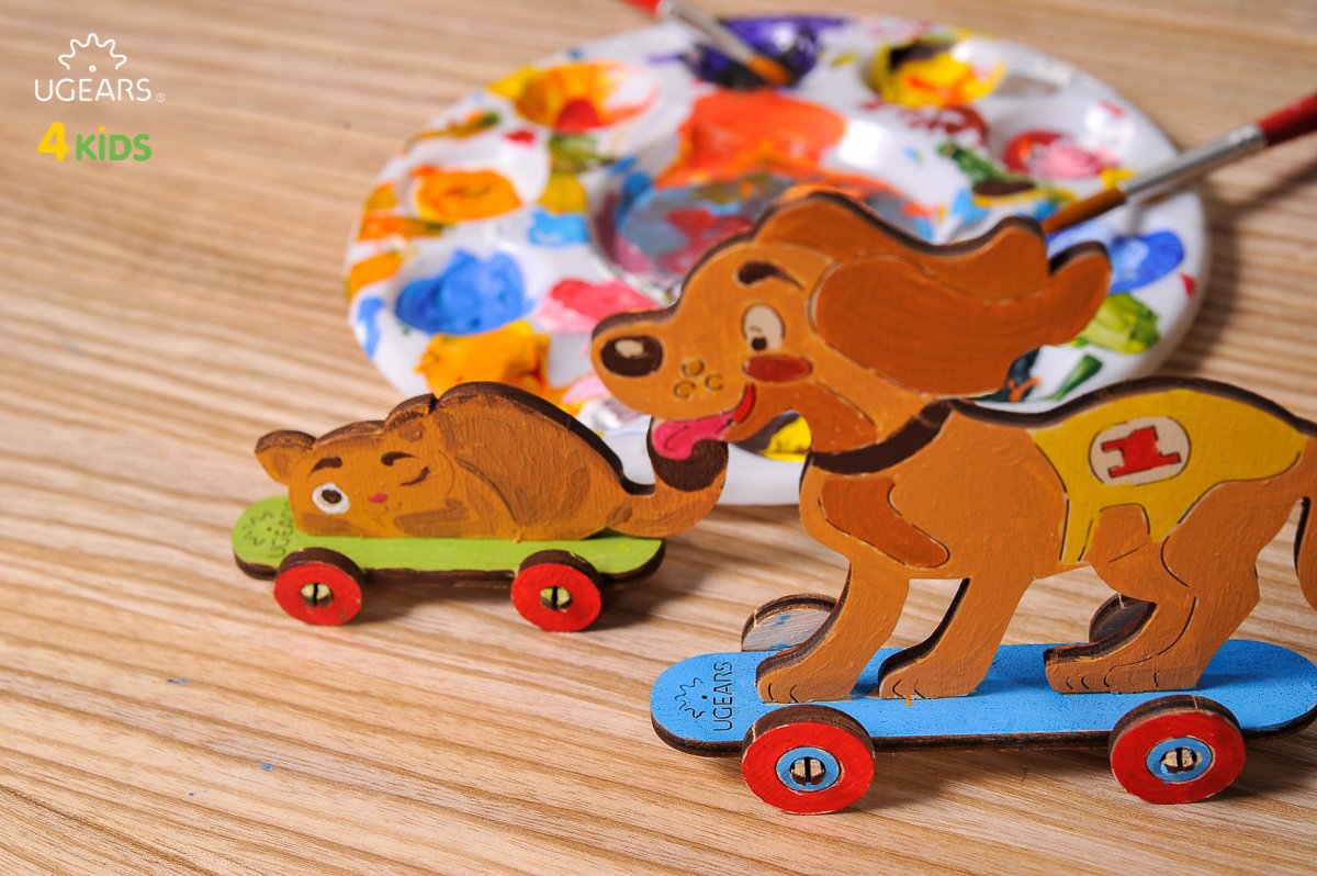 UGears 4Kids Coloring Models Set #1 - 7 Large (Donkey, Kitten & Puppy, Motorcyclist, Whale, Locomotive, Sailboat and Steamboat)