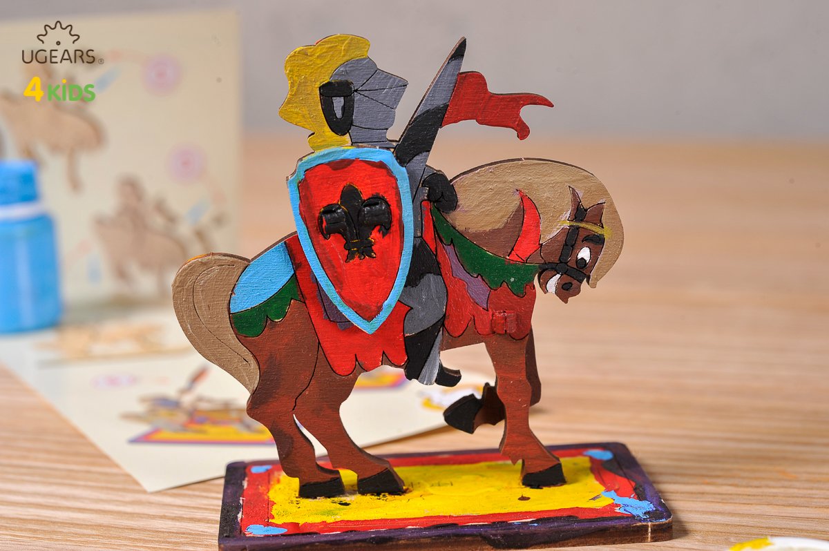 UGears 4Kids Coloring Models Set #2 - 5 Medium (Airplane, Knight, Rocking Horse, Bear-Cub, and Cockerel)