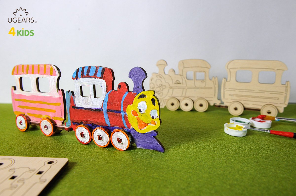 UGears 4Kids Coloring Models Set #1 - 7 Large (Donkey, Kitten & Puppy, Motorcyclist, Whale, Locomotive, Sailboat and Steamboat)