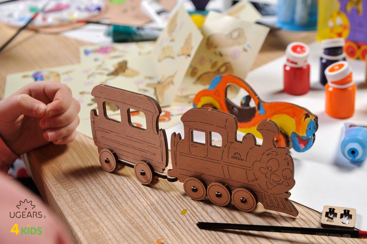UGears 4Kids Coloring Models Set #1 - 7 Large (Donkey, Kitten & Puppy, Motorcyclist, Whale, Locomotive, Sailboat and Steamboat)