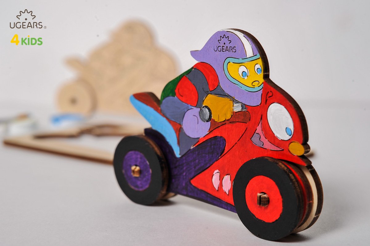 UGears 4Kids Coloring Models Set #1 - 7 Large (Donkey, Kitten & Puppy, Motorcyclist, Whale, Locomotive, Sailboat and Steamboat)