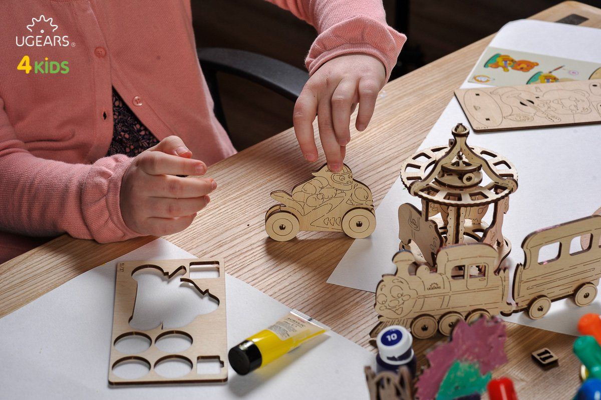 UGears 4Kids Coloring Models Set #1 - 7 Large (Donkey, Kitten & Puppy, Motorcyclist, Whale, Locomotive, Sailboat and Steamboat)