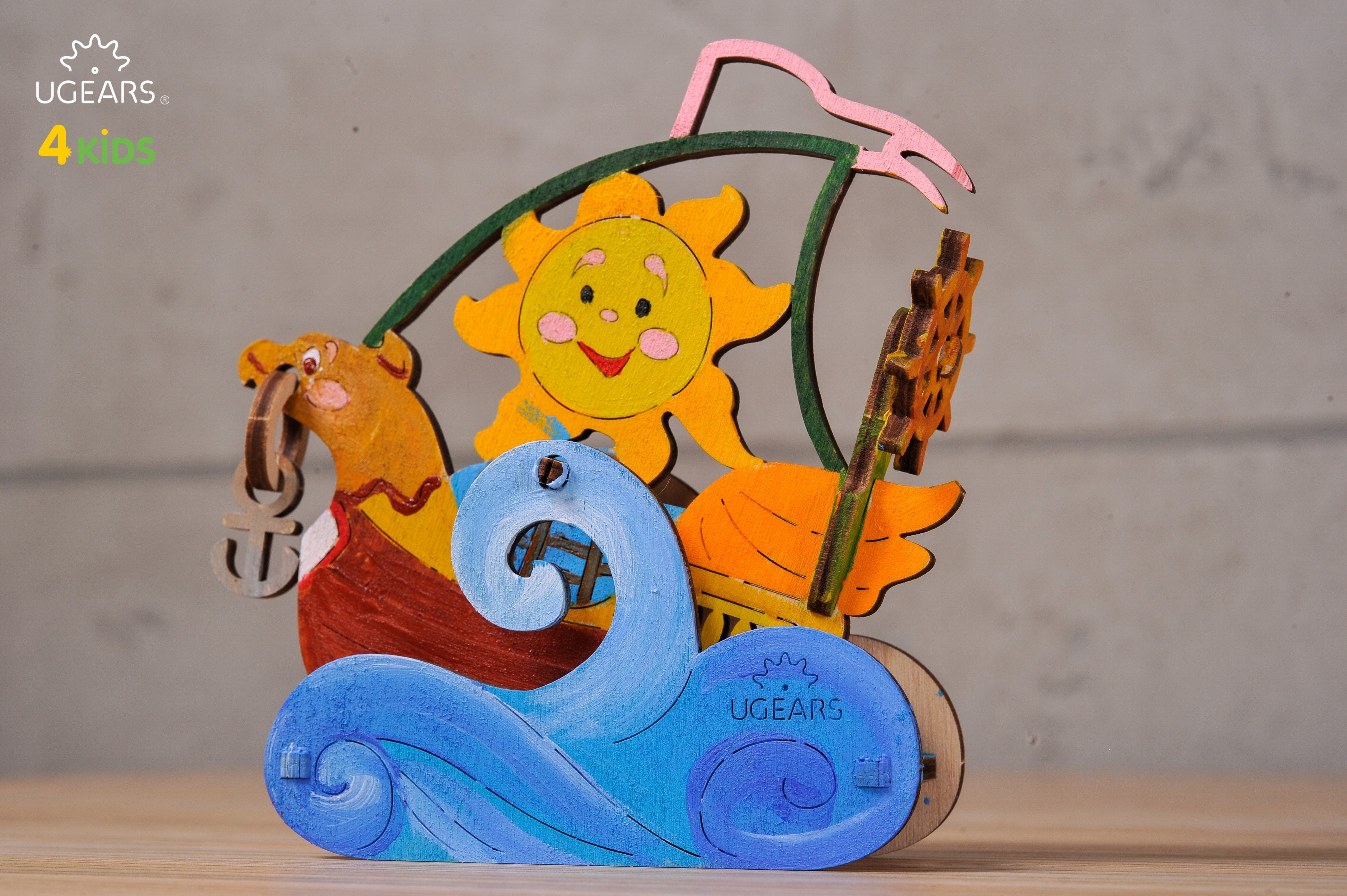 UGears 4Kids Coloring Models Set #1 - 7 Large (Donkey, Kitten & Puppy, Motorcyclist, Whale, Locomotive, Sailboat and Steamboat)