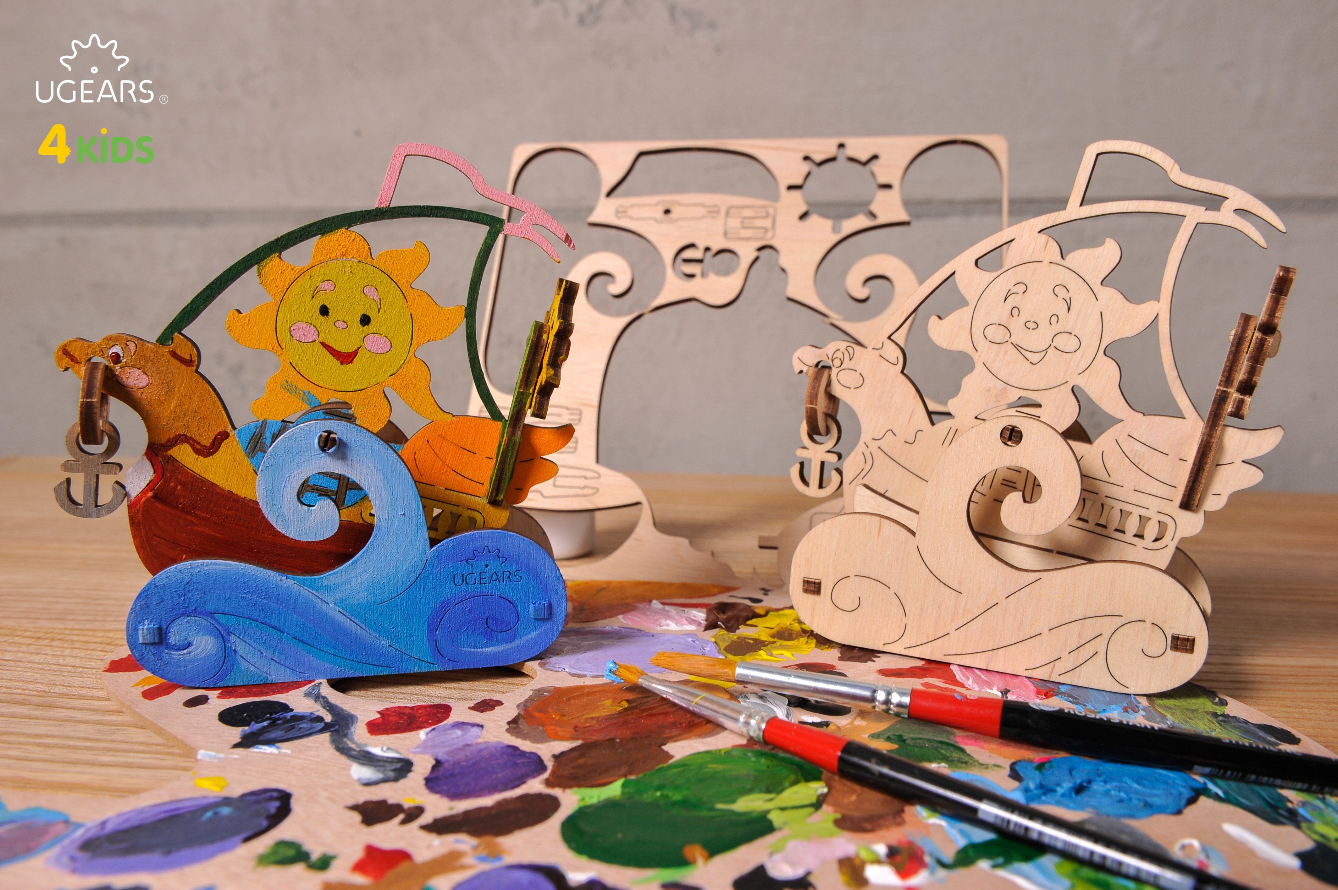 UGears 4Kids Coloring Models Set #1 - 7 Large (Donkey, Kitten & Puppy, Motorcyclist, Whale, Locomotive, Sailboat and Steamboat)