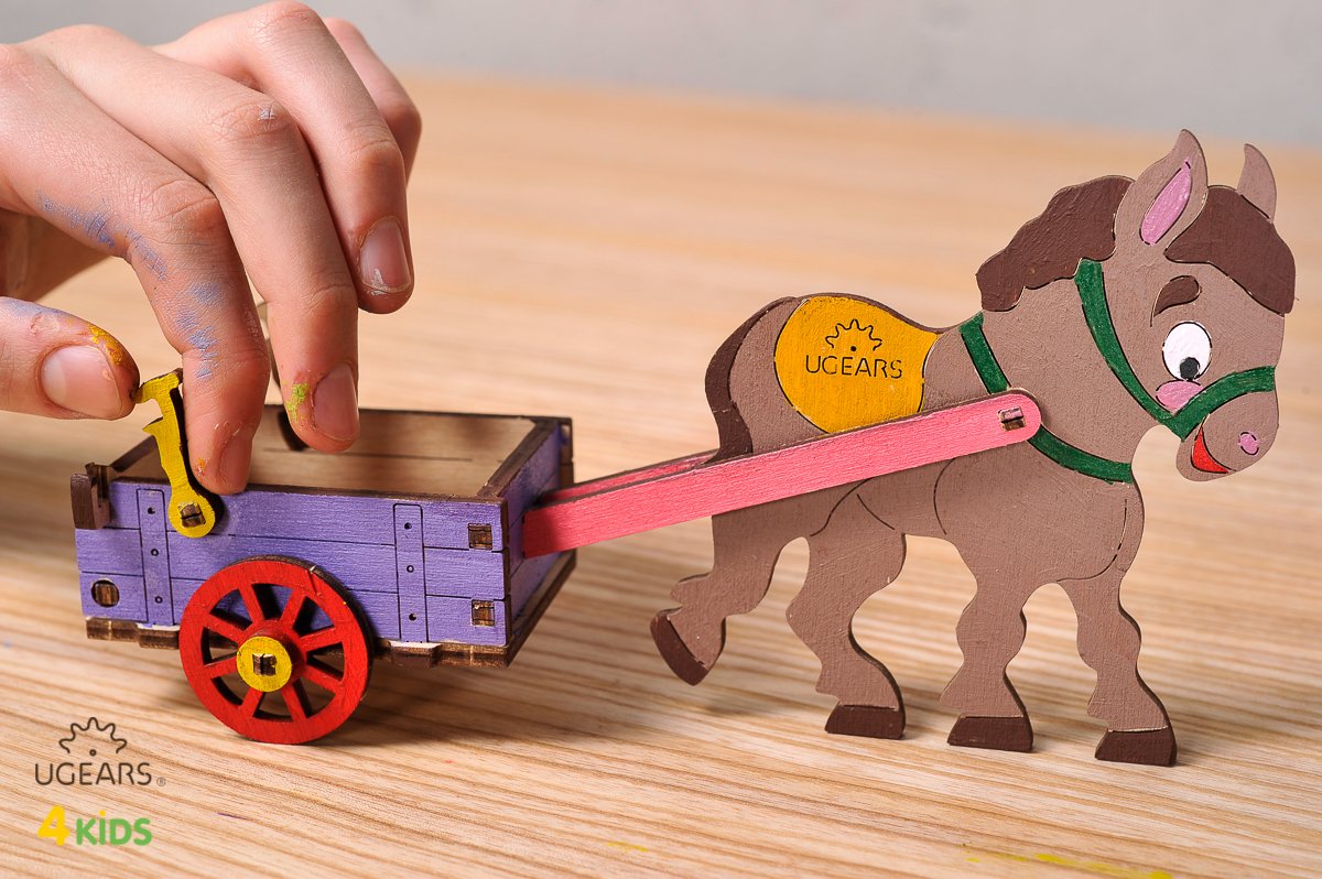 UGears 4Kids Coloring Models Set #1 - 7 Large (Donkey, Kitten & Puppy, Motorcyclist, Whale, Locomotive, Sailboat and Steamboat)