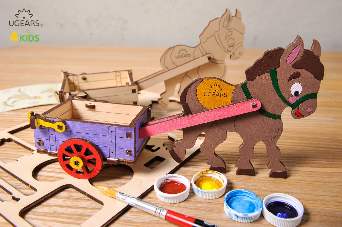 UGears 4Kids Coloring Models Set #1 - 7 Large (Donkey, Kitten & Puppy, Motorcyclist, Whale, Locomotive, Sailboat and Steamboat)