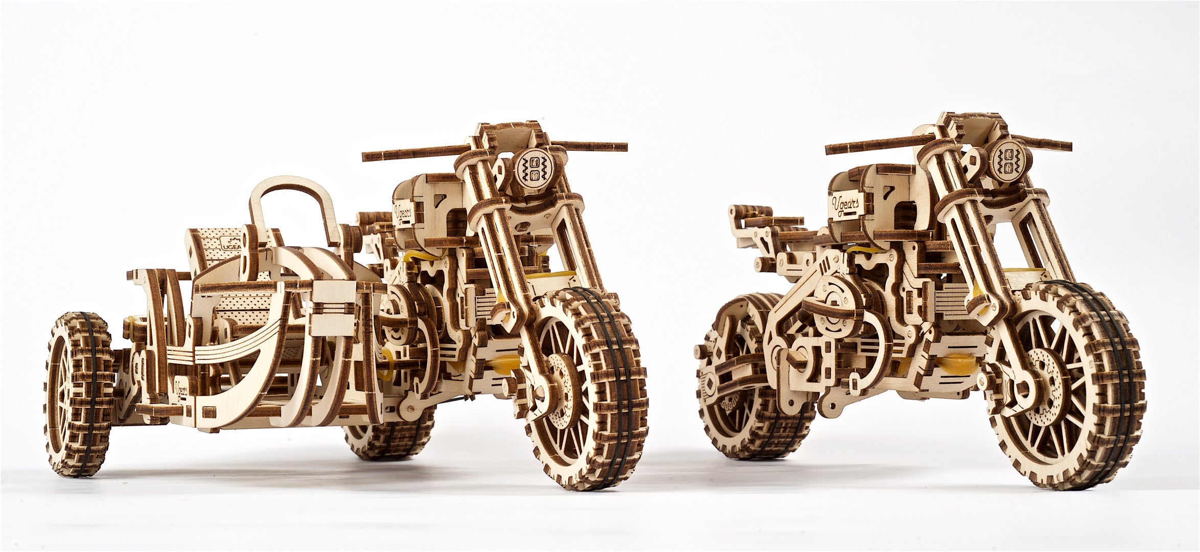 UGears Wooden Mechanical Model Scrambler Motorcycle UGR-10 with side car