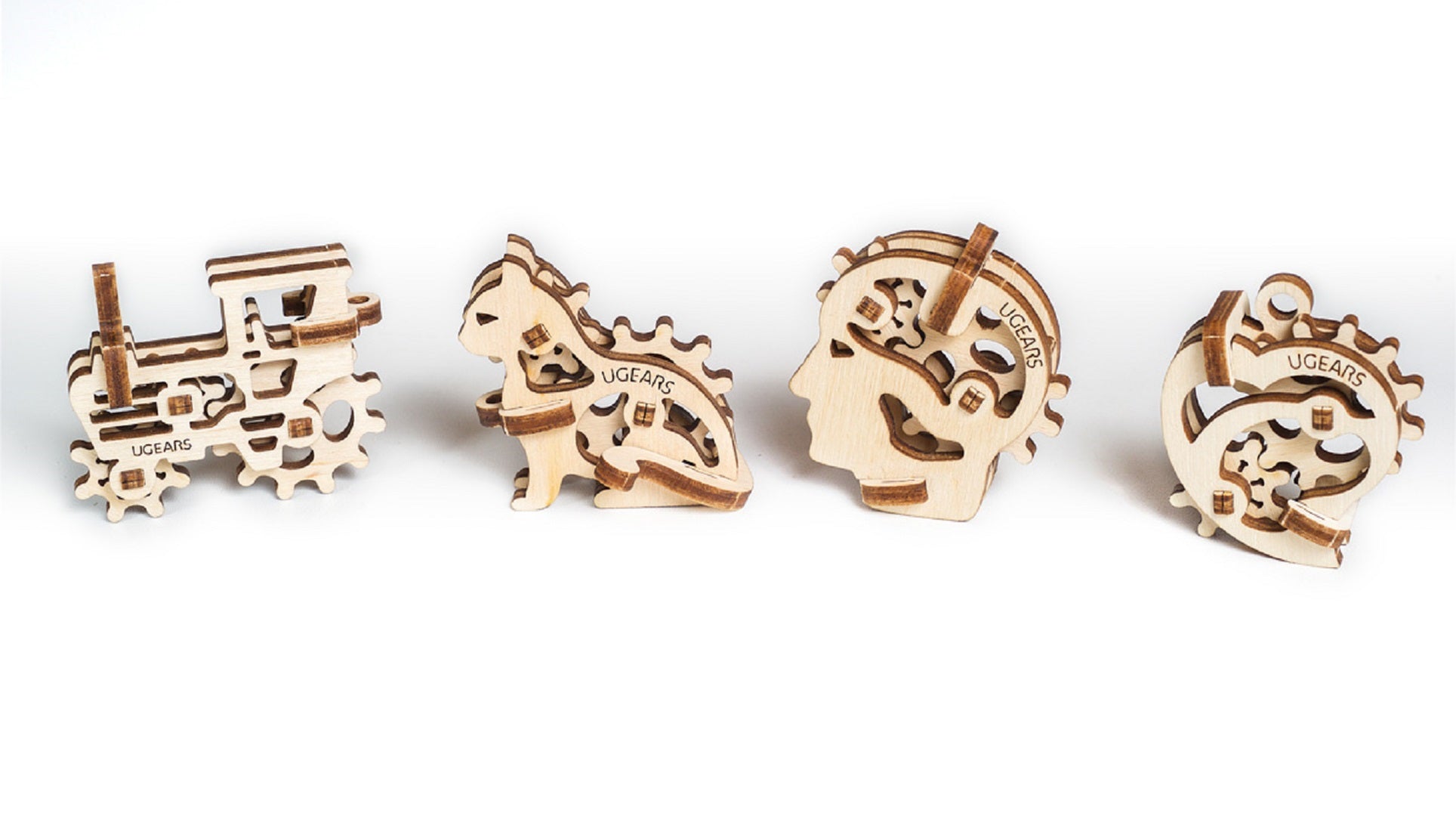 UGears Mechanical Wooden Model 3D Puzzle Kit U-Fidget Tribiks 4 pieces Power, Freedom, Intelligence, Passion, Tractor, Cat, Head, Brain, Heart