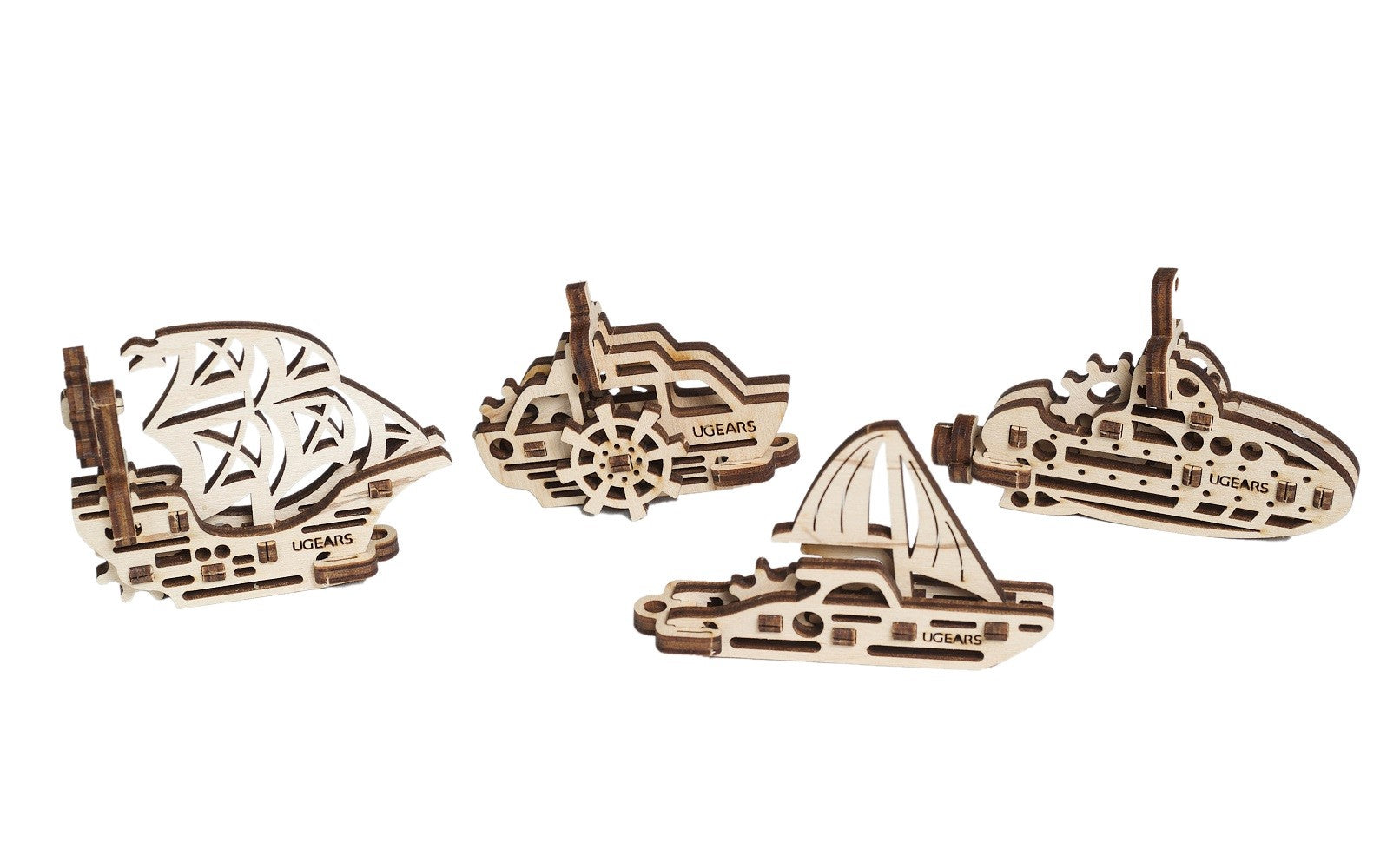 UGears Mechanical Wooden Model 3D Puzzle Kit U-Fidget Ships Tribiks 4 pieces Yacht, Sailboat, Boat, Submarine