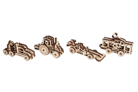 UGears Mechanical Wooden Model 3D Puzzle Kit U-Fidget Vehicles Tribiks 4 pieces Sportscar, Tractor, Truck, Tram